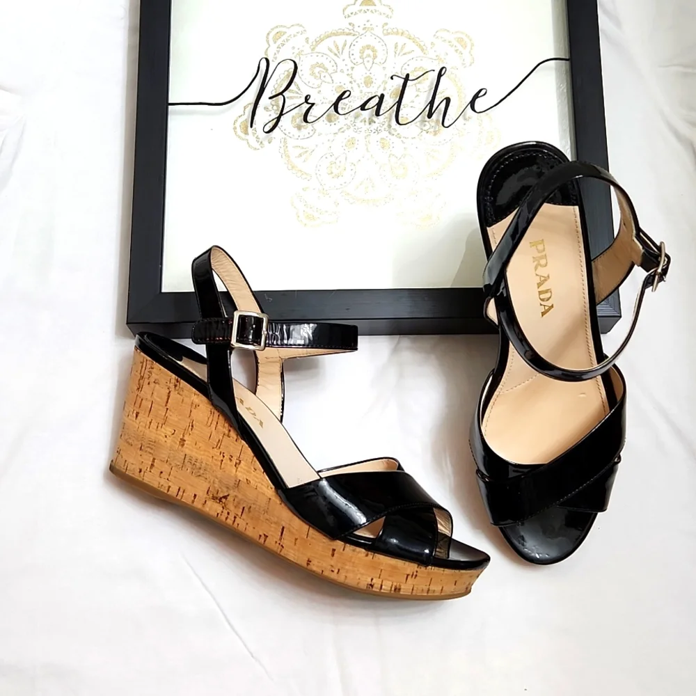 PRADA Black Patent Leather Wedge Sandals